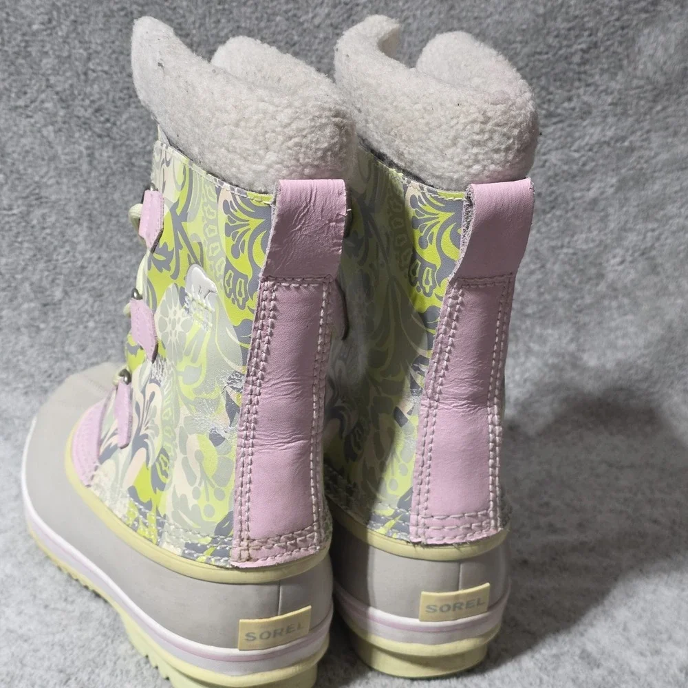 Sorel Sz 5 Pink Green Warm Winter Yoot PAC Snow Boots Floral Lace Up Lined
